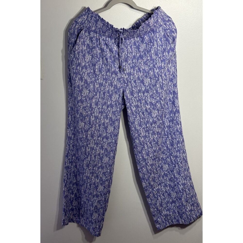 Land ‘n Sea Pants Purple/White Patterned Wide Leg Pull On Linen Blend Medium